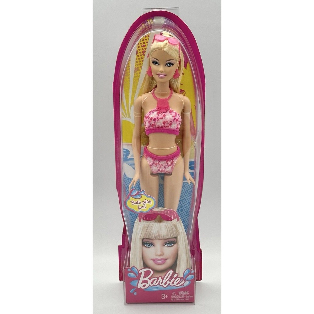 2010 Mattel Barbie T7184 Bath Play Fun Pink Bathing Swimsuit Bikini 12" Doll